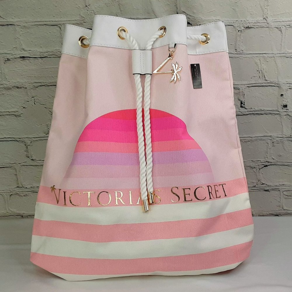 'VICTORIA'S SECRET' CINCH~TOP  CANVAS TOTE BAG PALM TREE CHARM GOLD TONE DETAIL